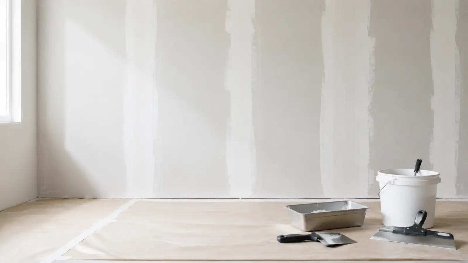 AI illustration of a clean drywall finishing and wall-preparation area.
