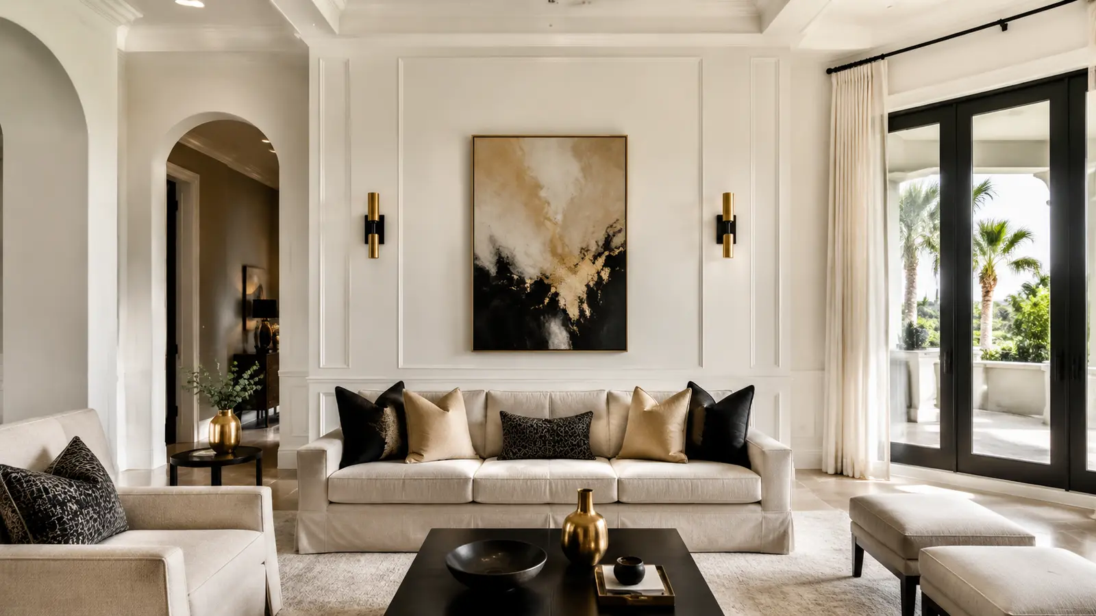 AI illustration of a freshly painted residential living room with crisp walls and trim.