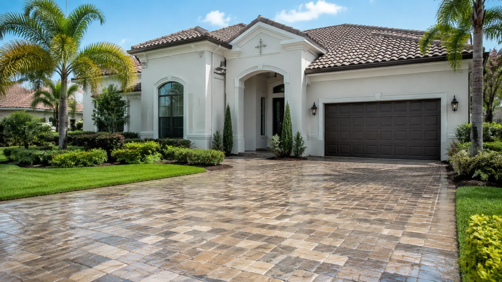 AI illustration of a cleaned Florida driveway and building exterior.